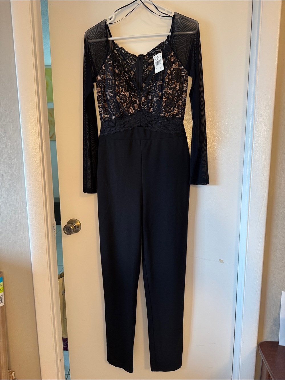 Haute Monde Black Lace Bodice Long-Sleeve Jumpsuit